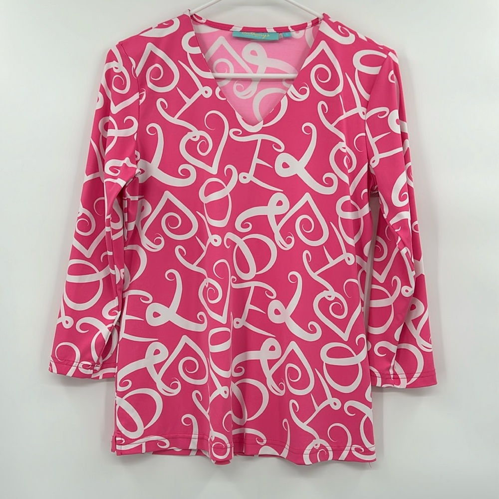 Anthonys Resort Wear 3/4 Sleeve Top Size Small Pink White UPF 50+ Stretch casual